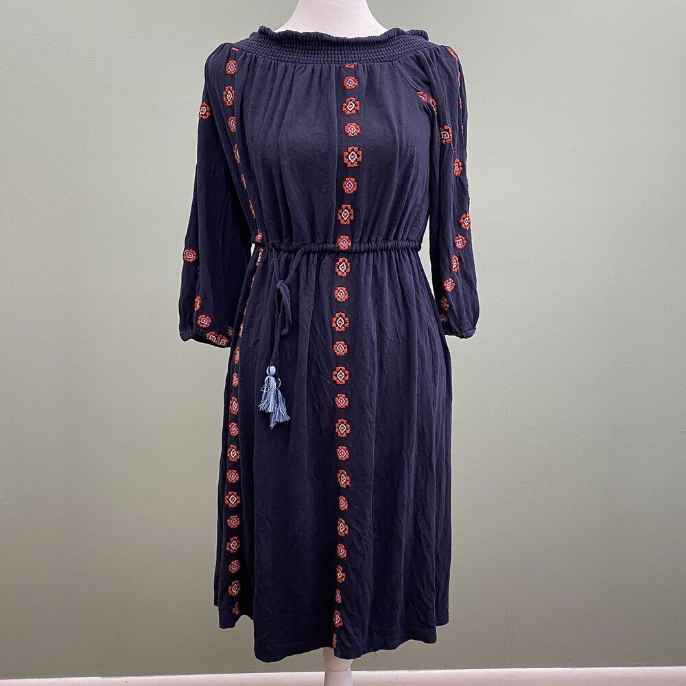 Ann Taylor LOFT Embroidered Midi Dress Smocked Womens Small Navy Boho